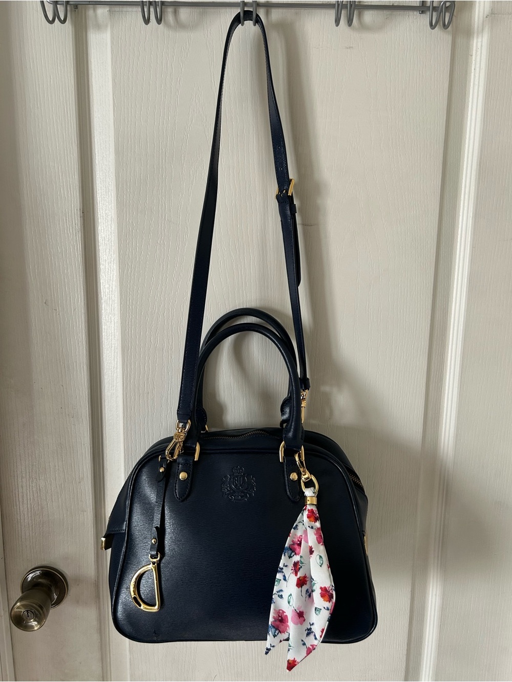 Vintage Lauren Ralph Lauren Navy Blue Leather Crest Dome Satchel Strap & Charm